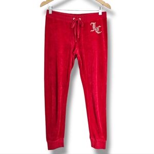 Juicy Couture Black Label Red Velour Joggers Size S Los Angeles JC Bling Pockets